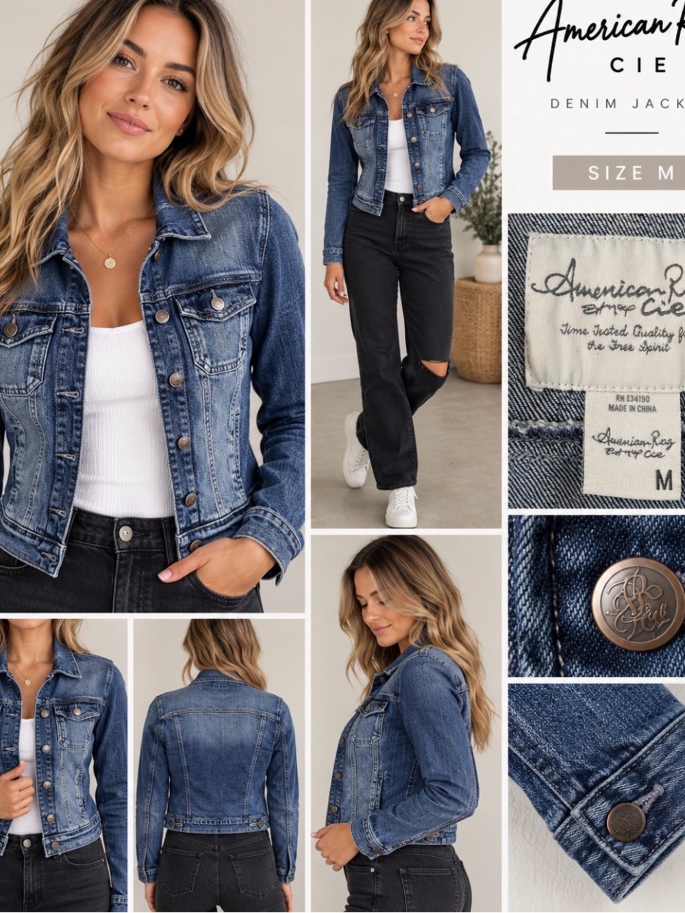 American Rag Cie Cropped Denim Jean Jacket Size M Blue Fitted Trucker Y2K
